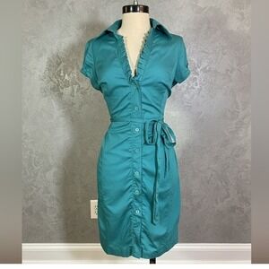 y2k Cap Sleeve Button Down Dress Fitted Stretchy Office Siren Size MEDIUM